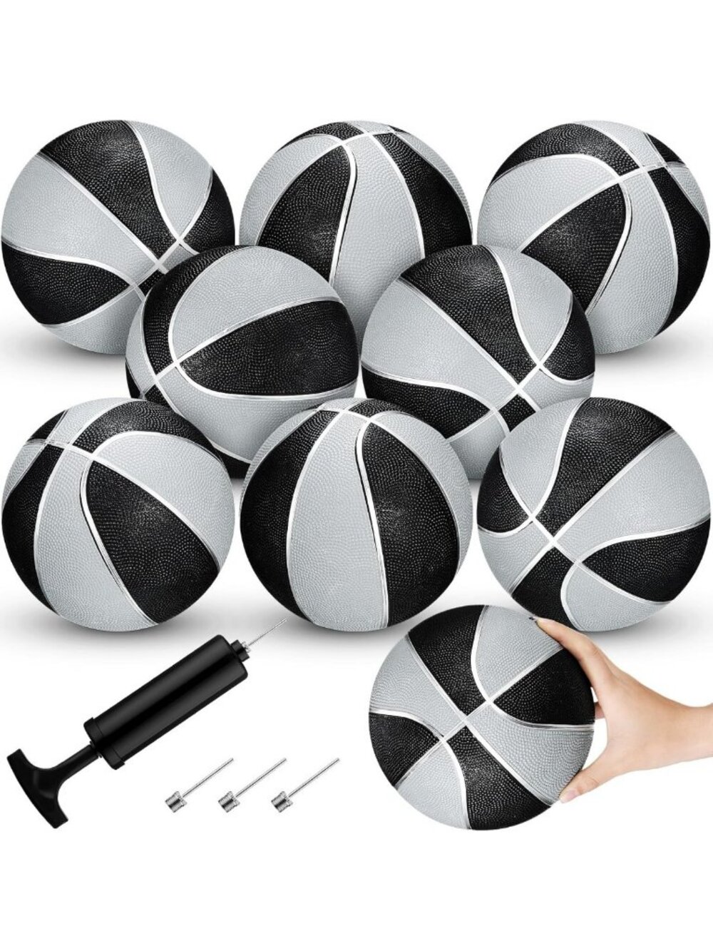 Outus 8 Pack 7 Inch Mini Rubber Basketball Air Pump, Black and Silver